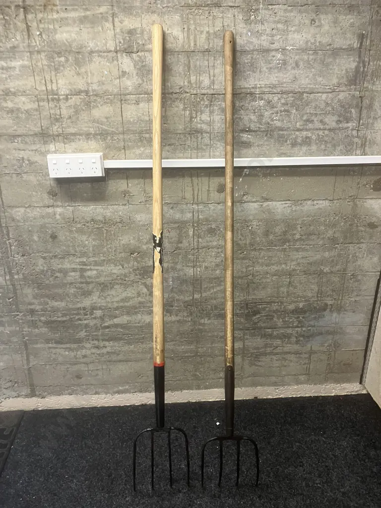 Pair of Pitchforks / Silage Forks With Wooden Handles Image 1++