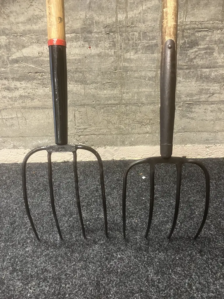 Pair of Pitchforks / Silage Forks With Wooden Handles Image 1++