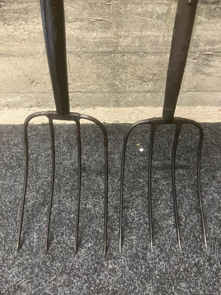 Pair of Pitchforks / Silage Forks With Wooden Handles Image 1++