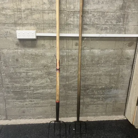 Pair of Pitchforks / Silage Forks With Wooden Handles