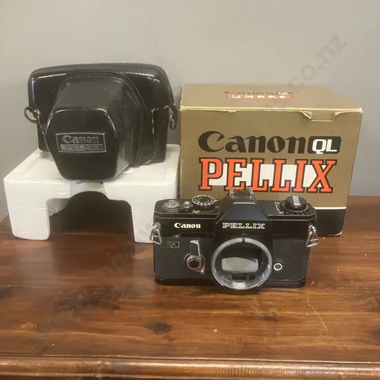 Canon Pellix QL 35mm SLR Film Camera Body (As Found Condition) #151165, Leather Pellix Case, Original Box, Japan 1966