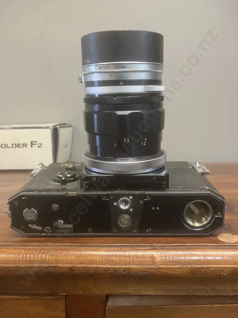 Canon F-1 35mm SLR Film Camera #115979 Canon FL 100mm f/3.5 Lens & Boxed Canon F2 Camera Holder, Japan 1971 - 1981 Image 1++