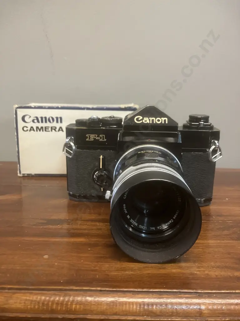 Canon F-1 35mm SLR Film Camera #115979 Canon FL 100mm f/3.5 Lens & Boxed Canon F2 Camera Holder, Japan 1971 - 1981 Image 1++