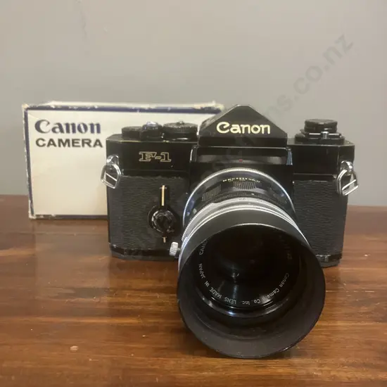 Canon F-1 35mm SLR Film Camera #115979 Canon FL 100mm f/3.5 Lens & Boxed Canon F2 Camera Holder, Japan 1971 - 1981
