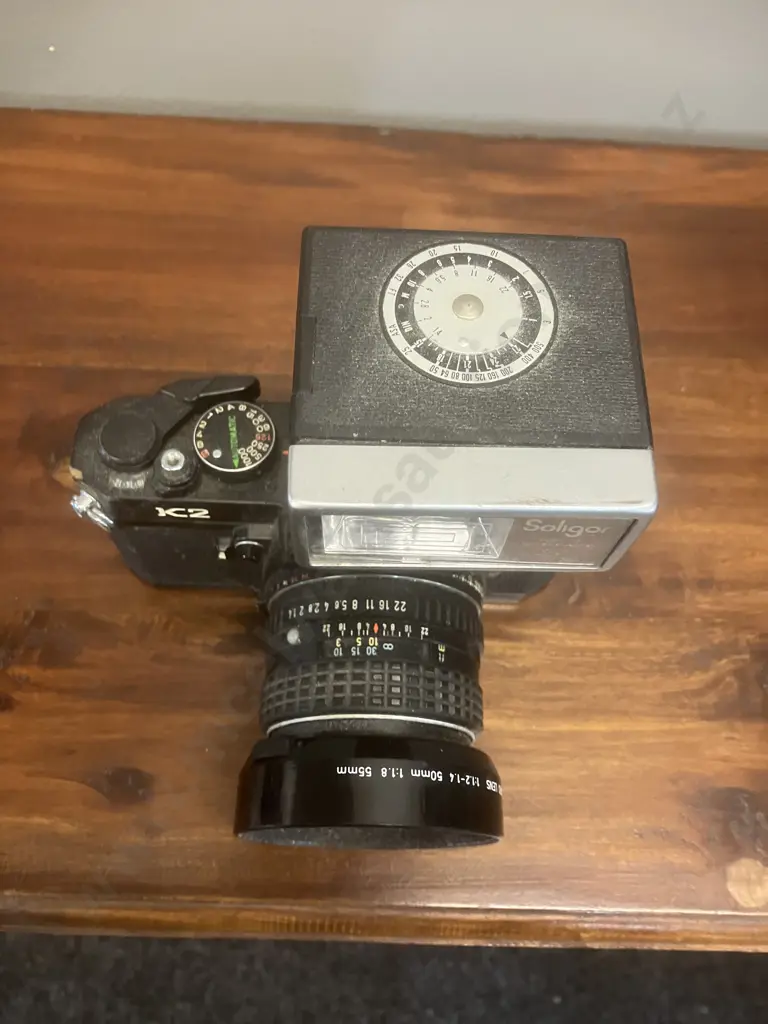 Pentax K2 35mm Film SLR Camera #7031003 With 50mm f/4 SMC Pentax Lens & Soligor MK-3 Compact Flash- Made in Japan Image 1++