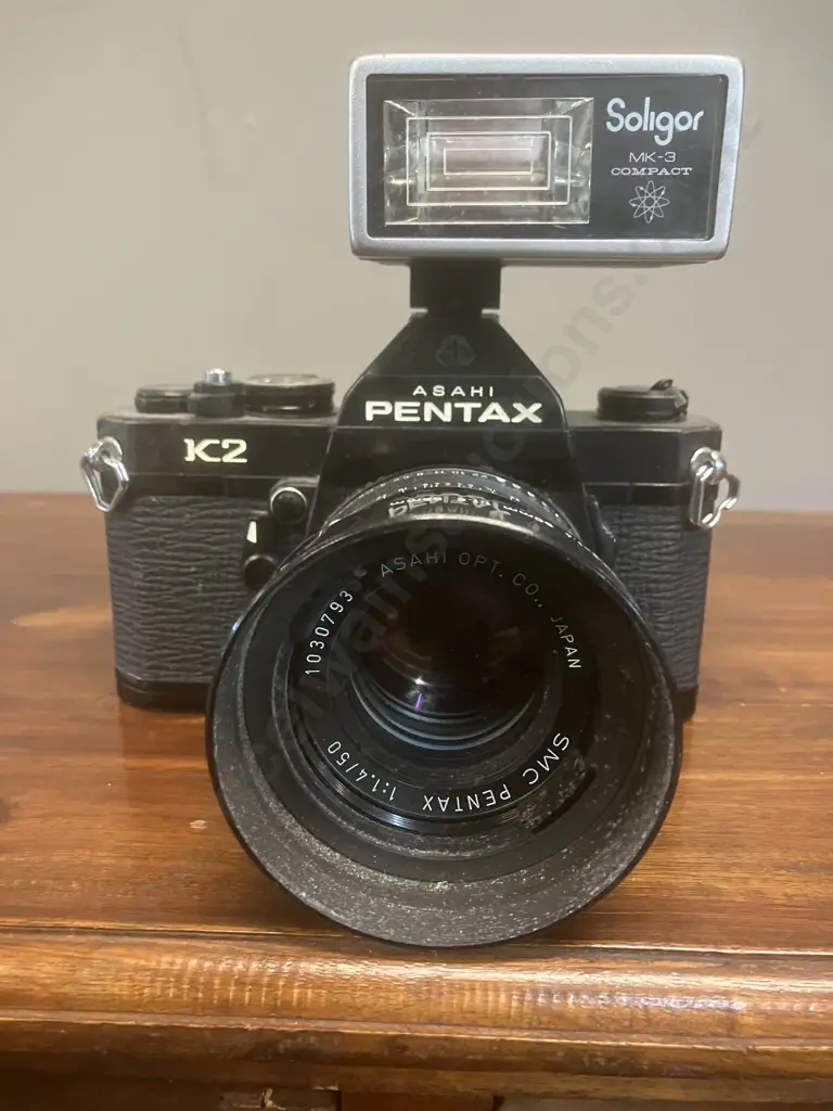 Pentax K2 35mm Film SLR Camera #7031003 With 50mm f/4 SMC Pentax Lens & Soligor MK-3 Compact Flash- Made in Japan Image 1++