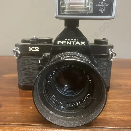 Pentax K2 35mm Film SLR Camera #7031003 With 50mm f/4 SMC Pentax Lens & Soligor MK-3 Compact Flash- Made in Japan