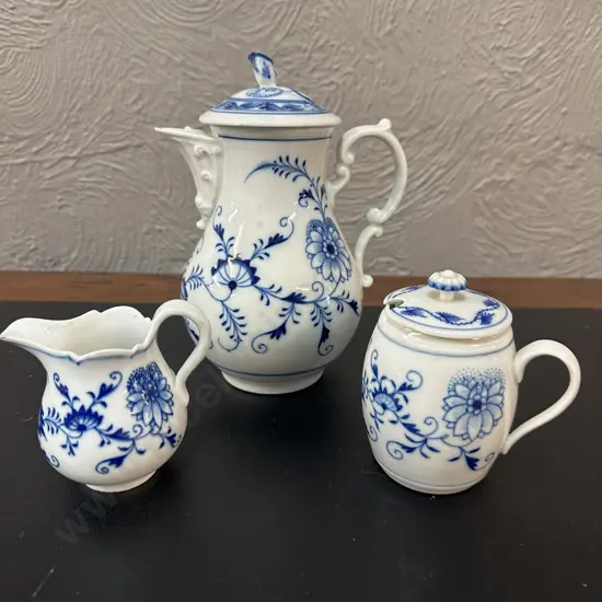 Vintage Meissen Blue Onion Coffee Pot With Foliate Motif, Creamer & Sugar Bowl