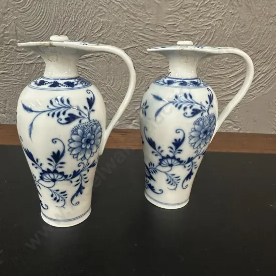 Pair Of Vintage Meissen Blue Onion Oil & Vinegar Jugs