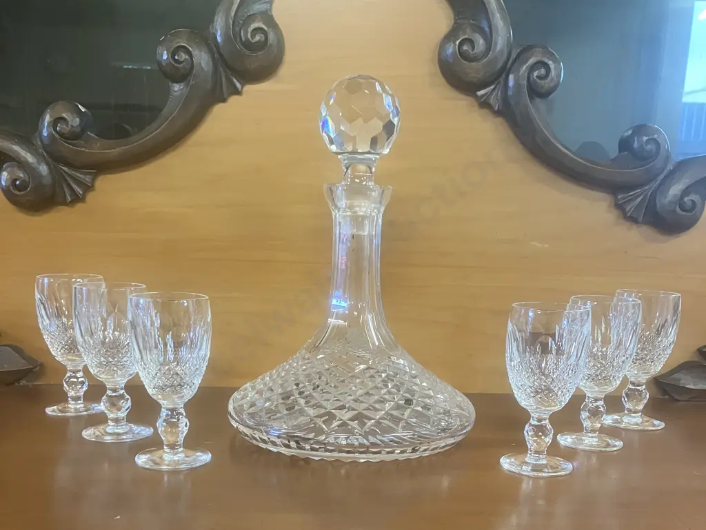 Stunning Vintage Waterford Crystal 'Colleen' Ships Decanter With Faceted Stopper And Six 'Colleen' Cordial Glasses Image 1++