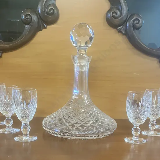 Stunning Vintage Waterford Crystal 'Colleen' Ships Decanter With Faceted Stopper And Six 'Colleen' Cordial Glasses