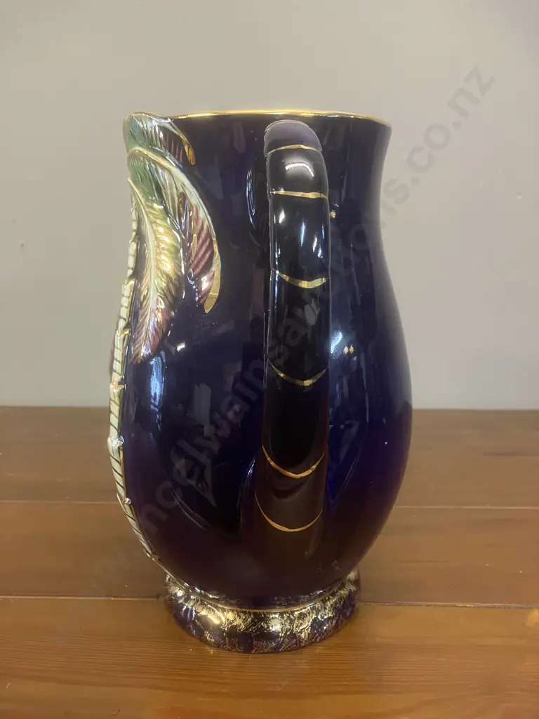 A Beswick Palm Tree Pattern Large Jug In Cobalt Blue With Gold Gilt Trim. H21cm Image 1++