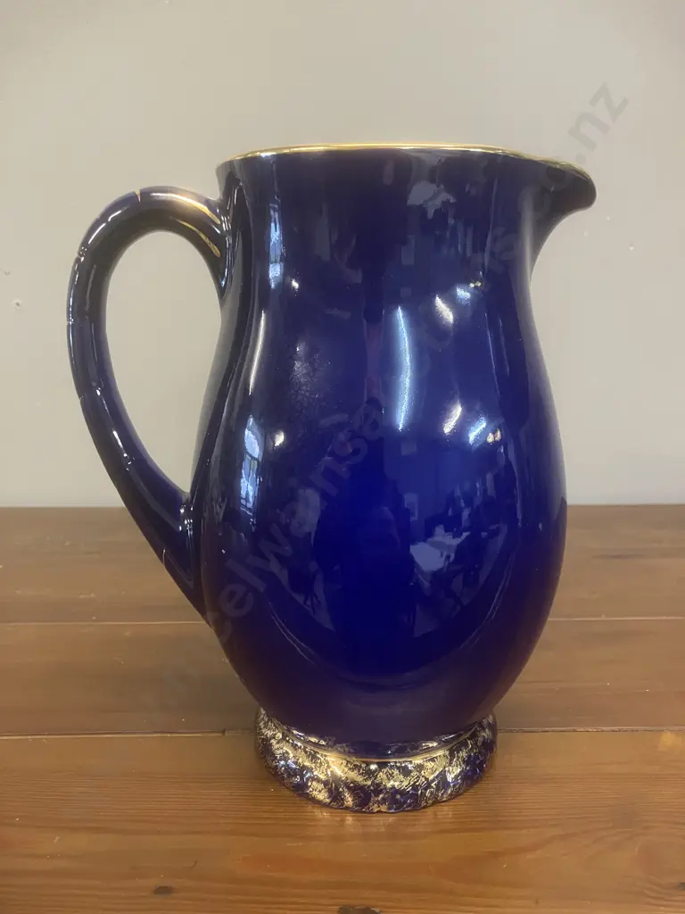 A Beswick Palm Tree Pattern Large Jug In Cobalt Blue With Gold Gilt Trim. H21cm Image 1++