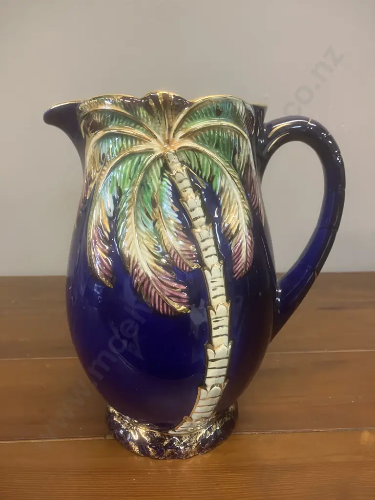 A Beswick Palm Tree Pattern Large Jug In Cobalt Blue With Gold Gilt Trim. H21cm Image 1++