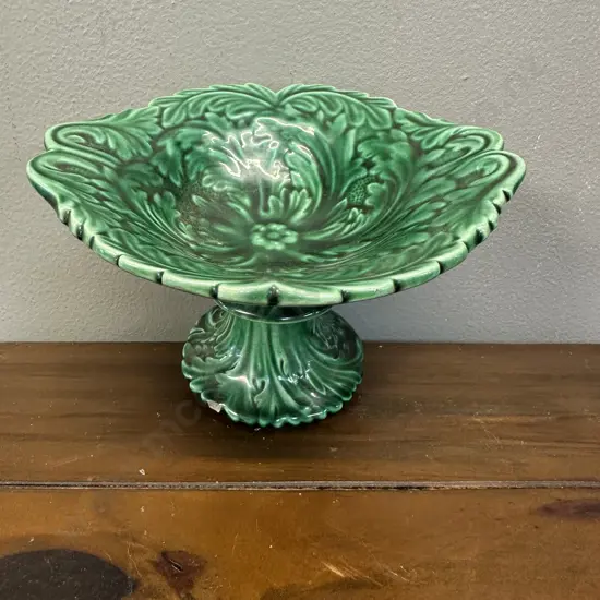 Vintage Green Majolica Pedestal Dish Moulded Spiralling Leaf Pattern H10cm.