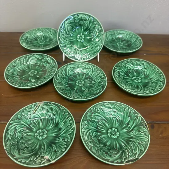 Vintage Green Majolica Moulded Spiralling Leaf Pattern Dishes x8 