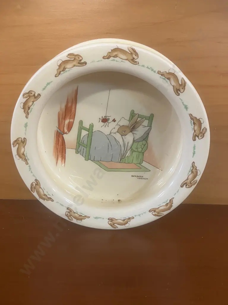 Rare Royal Doulton Bunnykins ‘Frightening Spider’ Porringer / Cereal Bowl With Barbara Vernons' Signature, c1937-1953. Image 1++
