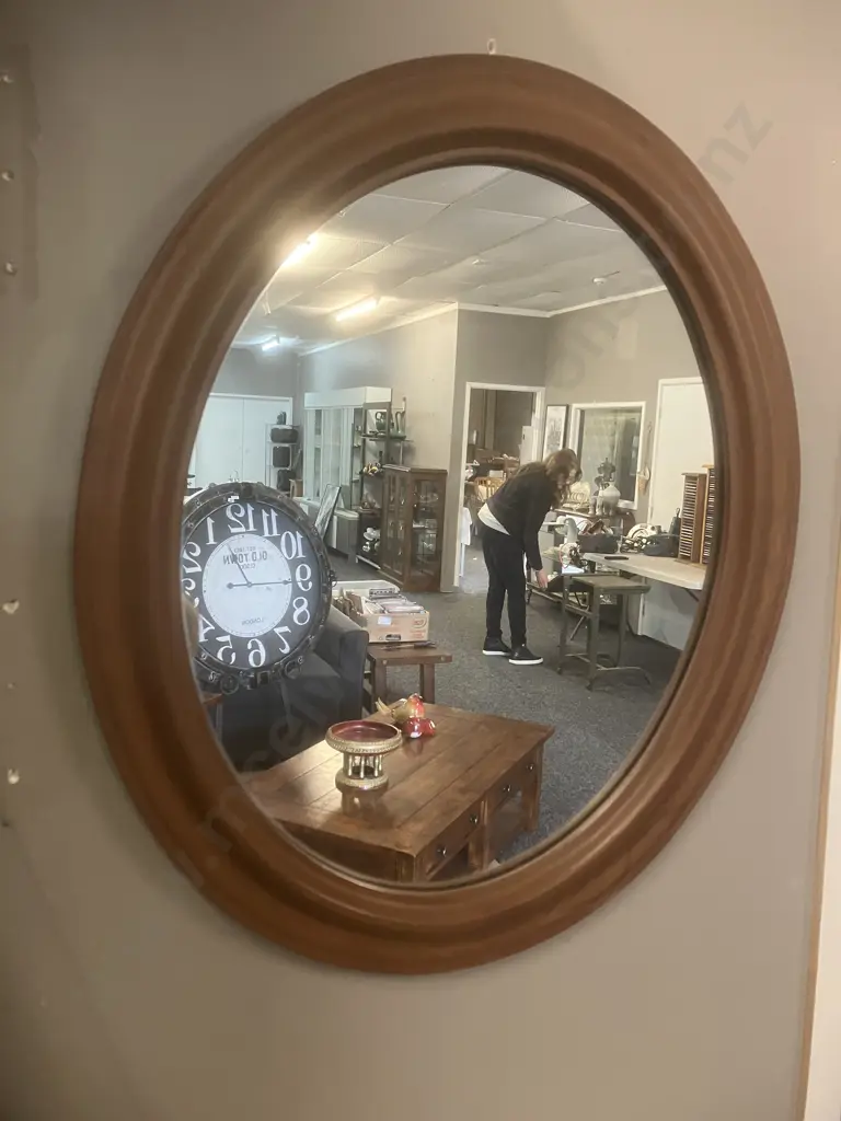 Wood Effect Oval Wall Mirror. 60 x 50cm Image 1++