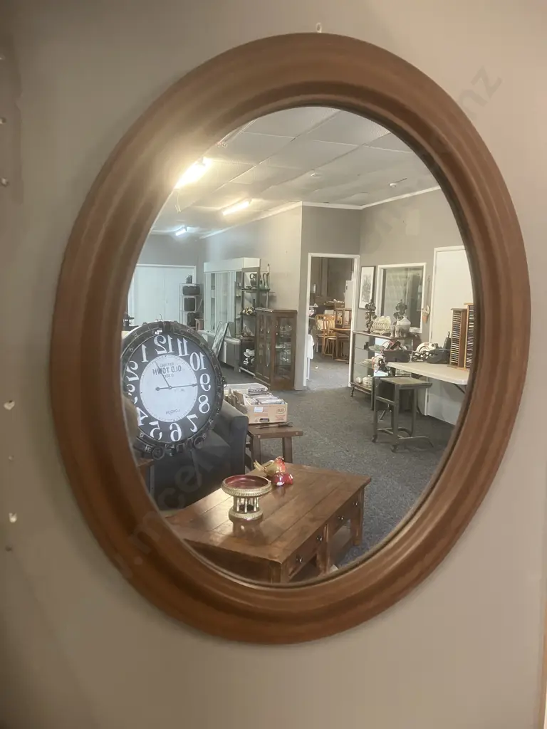 Wood Effect Oval Wall Mirror. 60 x 50cm Image 1++