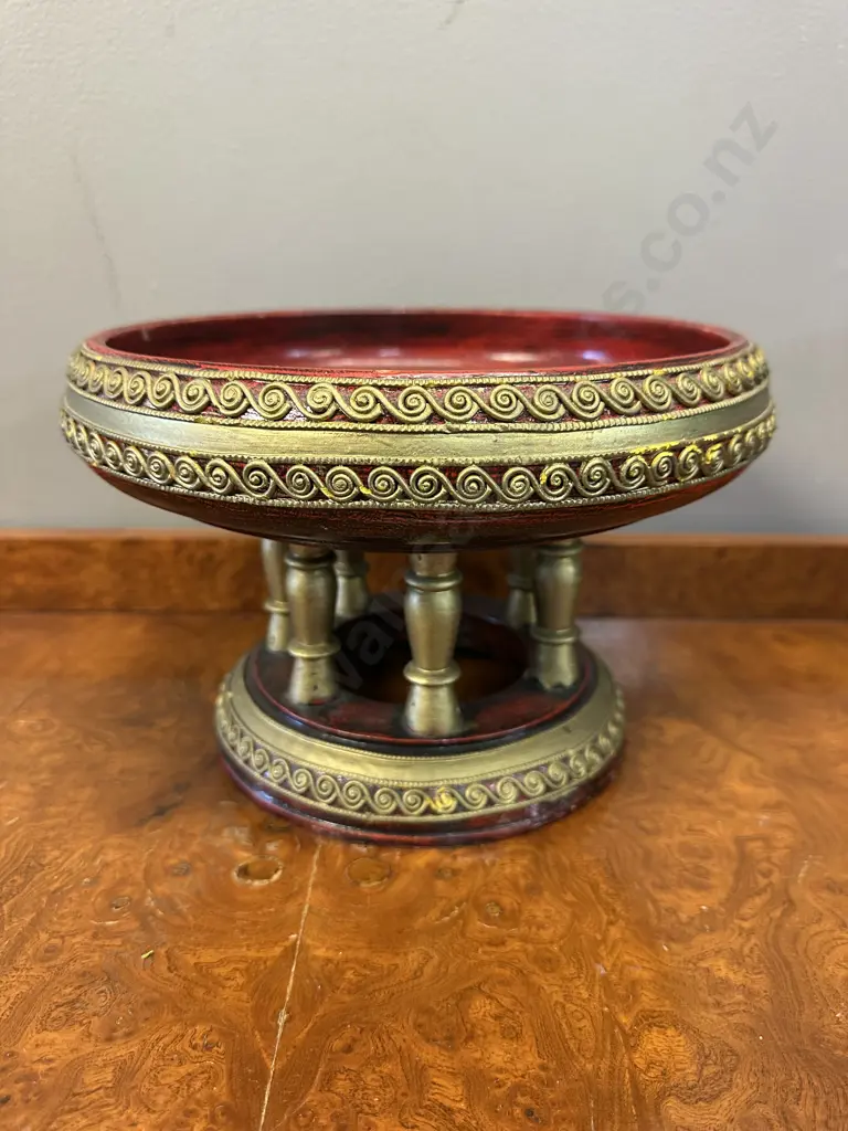 Thai Traditional Lanna Khantoke Tray Handcrafted Wood Pedestal Bowl, Distressed Red & Gold Paint H17 Dia26cm. Image 1++