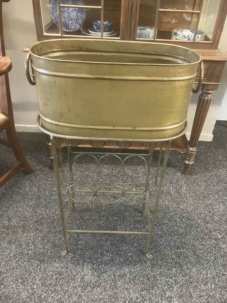Metal Ice Bucket / Drinks Tub With Wrought Stand With Bottles & Glasses Storage. H85 W51 D24cm Image 1++