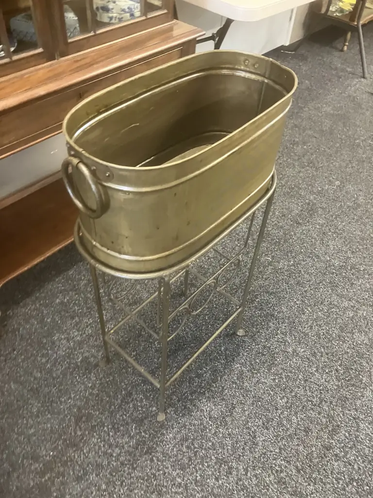 Metal Ice Bucket / Drinks Tub With Wrought Stand With Bottles & Glasses Storage. H85 W51 D24cm Image 1++