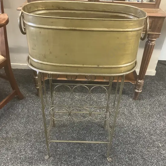 Metal Ice Bucket / Drinks Tub With Wrought Stand With Bottles & Glasses Storage. H85 W51 D24cm
