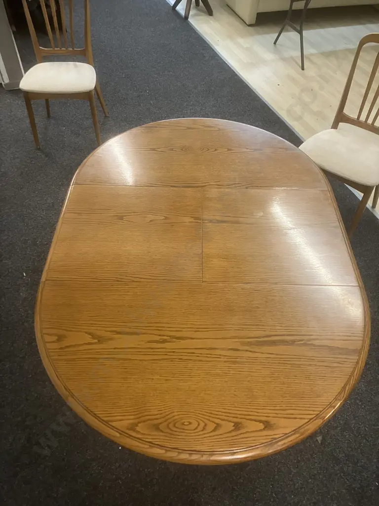 MCM Scandinavian Style Round Oak Extendable Dining Table & 4 Oak Slat Back Chairs Image 1++