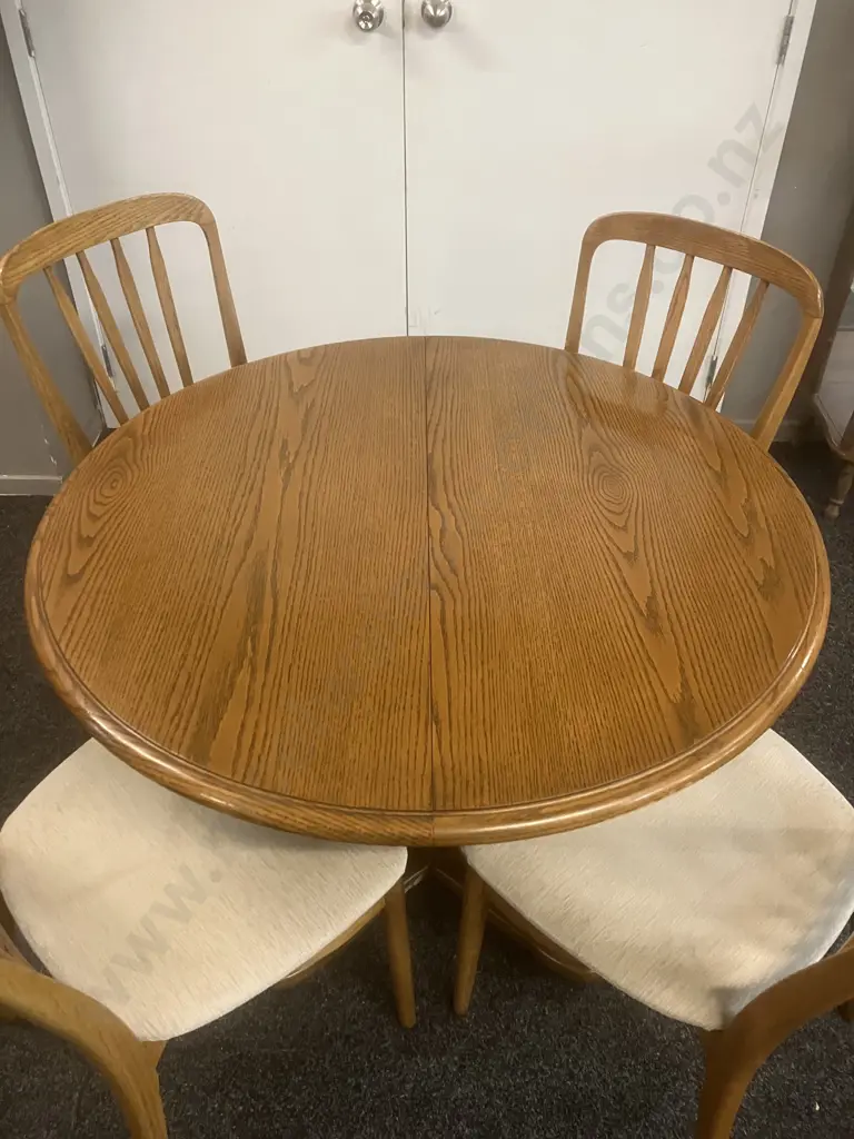 MCM Scandinavian Style Round Oak Extendable Dining Table & 4 Oak Slat Back Chairs Image 1++