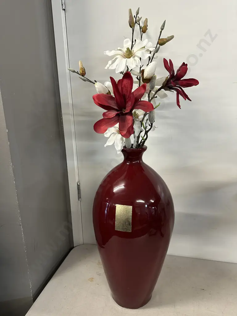 Decorative Red Vase With Faux Flowers H54cm. Image 1++
