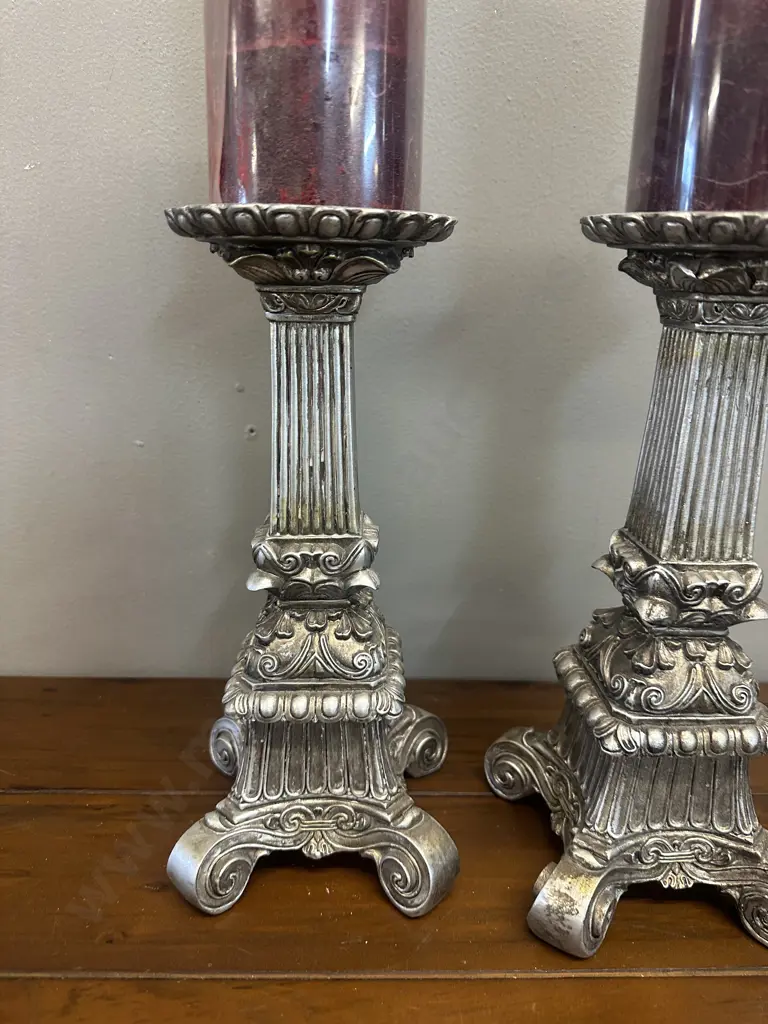 Pair Of Decorative Ornate Candle Holders With Red Candles H40cm. Image 1++
