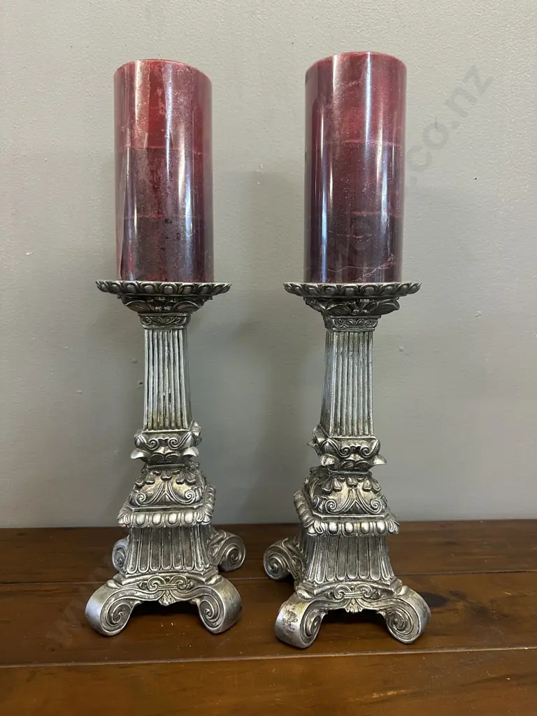 Pair Of Decorative Ornate Candle Holders With Red Candles H40cm. Image 1++