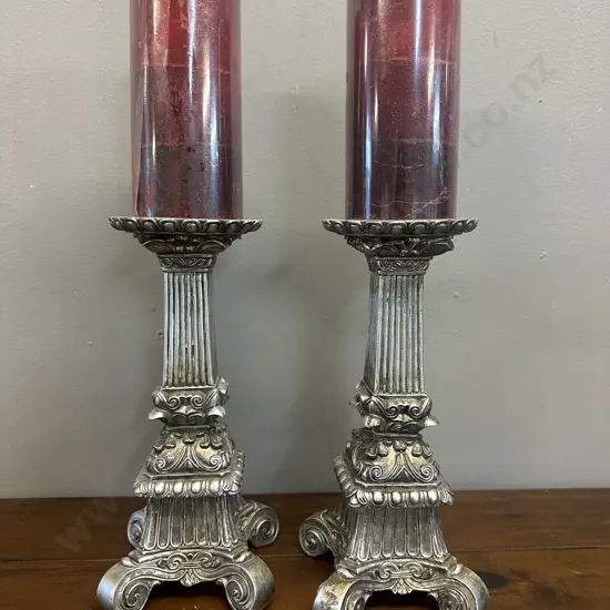 Pair Of Decorative Ornate Candle Holders With Red Candles H40cm.