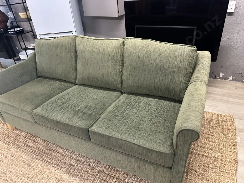Green Three Seater Couch Natural Wood Legs Image 1++