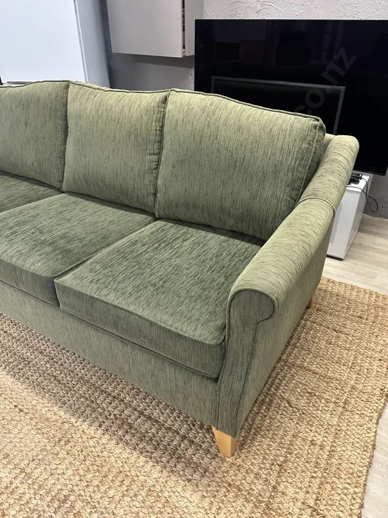 Green Three Seater Couch Natural Wood Legs Image 1++