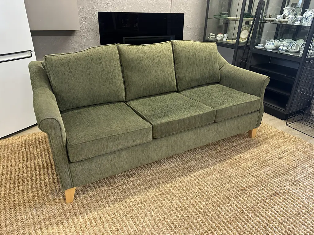 Green Three Seater Couch Natural Wood Legs Image 1++