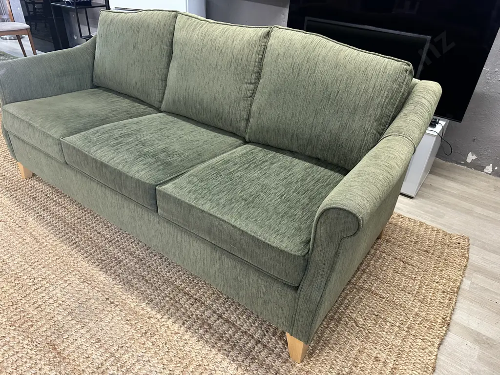 Green Three Seater Couch Natural Wood Legs Image 1++