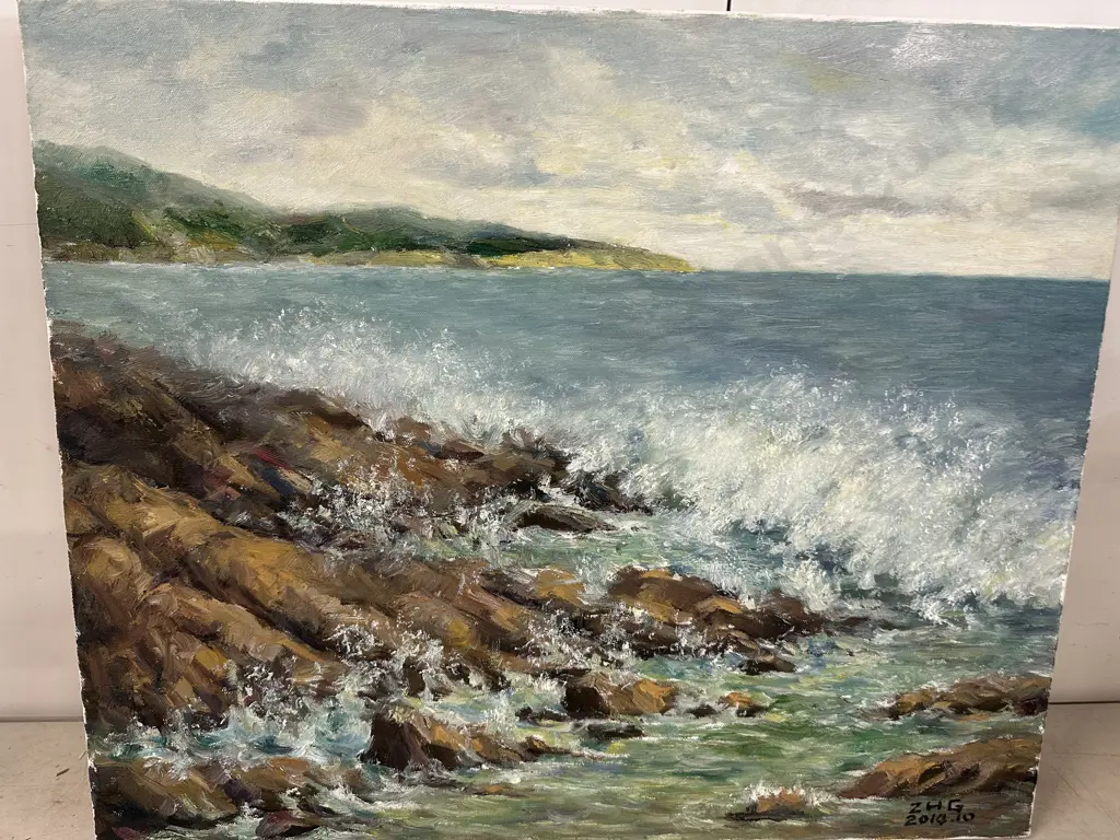 Oil On Canvas Coastal Seascape With Waves 50x60cm. Signed ZHG 2014: 10 Image 1++