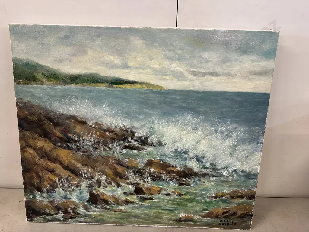 Oil On Canvas Coastal Seascape With Waves 50x60cm. Signed ZHG 2014: 10 Image 1++