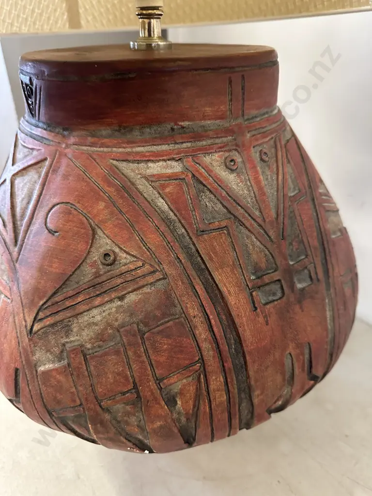 Rustic Terracotta Urn Style Table Lamp Primitive Aztec Inspired Textured Base With Textured White Shade H75cm. Image 1++