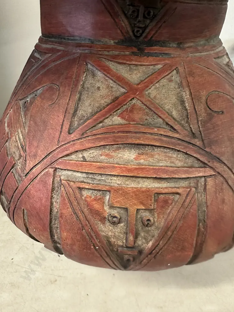 Rustic Terracotta Urn Style Table Lamp Primitive Aztec Inspired Textured Base With Textured White Shade H75cm. Image 1++