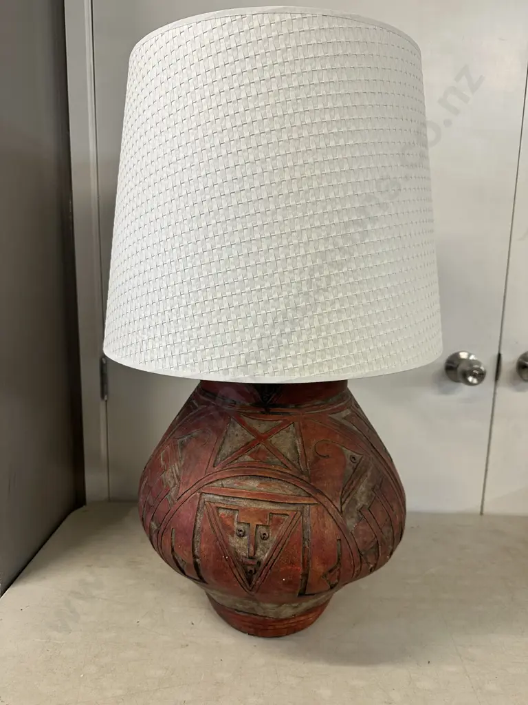 Rustic Terracotta Urn Style Table Lamp Primitive Aztec Inspired Textured Base With Textured White Shade H75cm. Image 1++