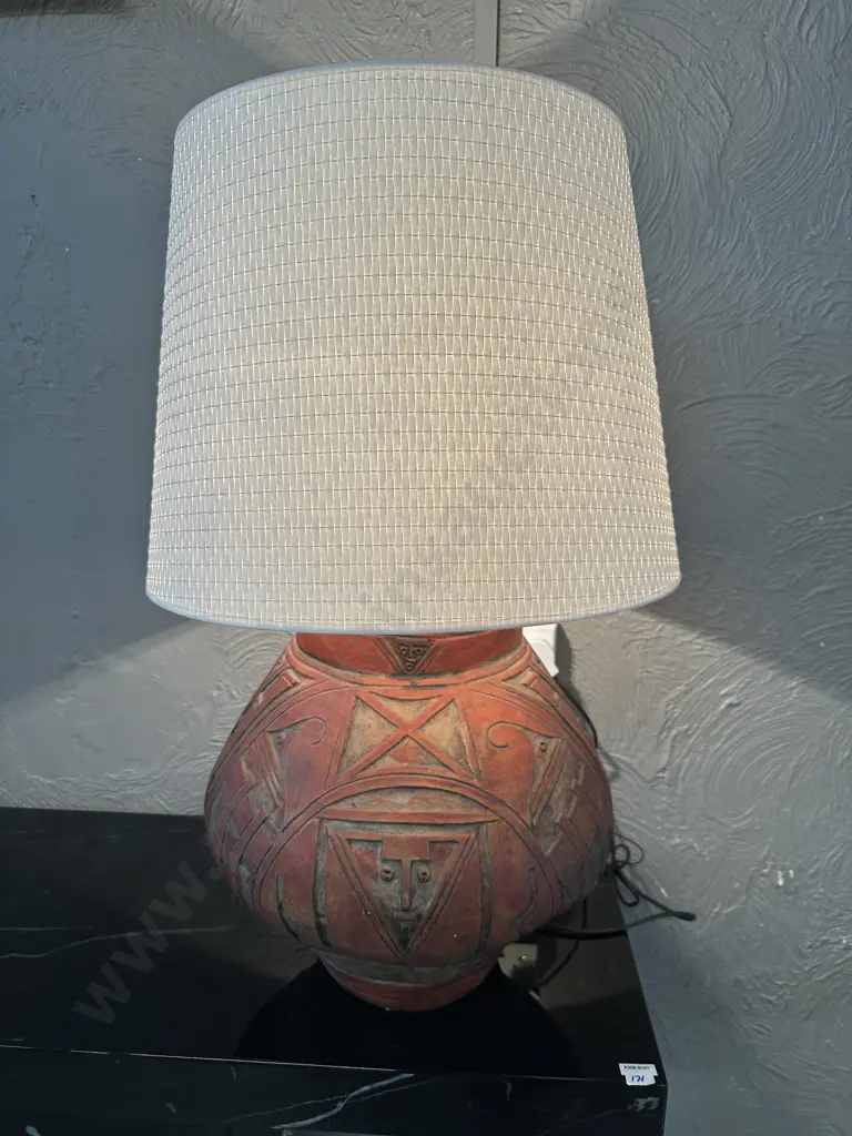 Rustic Terracotta Urn Style Table Lamp Primitive Aztec Inspired Textured Base With Textured White Shade H75cm. Image 1++