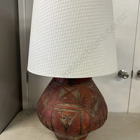 Rustic Terracotta Urn Style Table Lamp Primitive Aztec Inspired Textured Base With Textured White Shade H75cm.