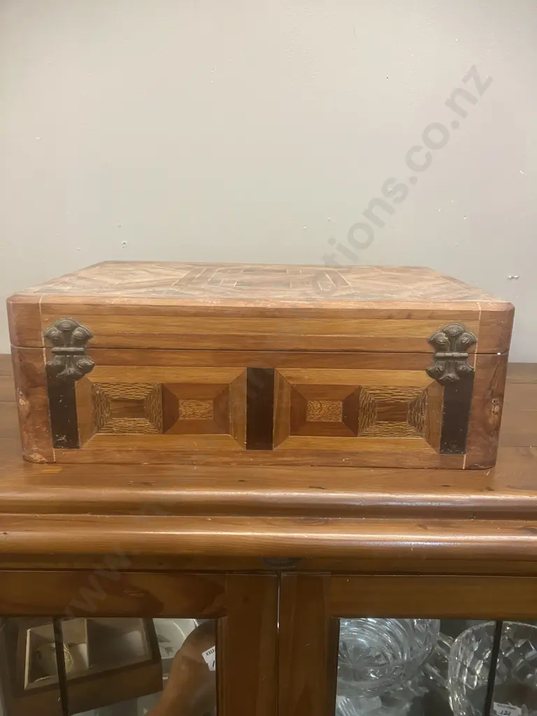Antique Geometric Marquetry Inlay Wooden Box, Plush Velvet Lined Interior, Lockable With Key. H13 W39 D28cm Image 1++