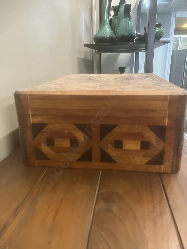 Antique Geometric Marquetry Inlay Wooden Box, Plush Velvet Lined Interior, Lockable With Key. H13 W39 D28cm Image 1++