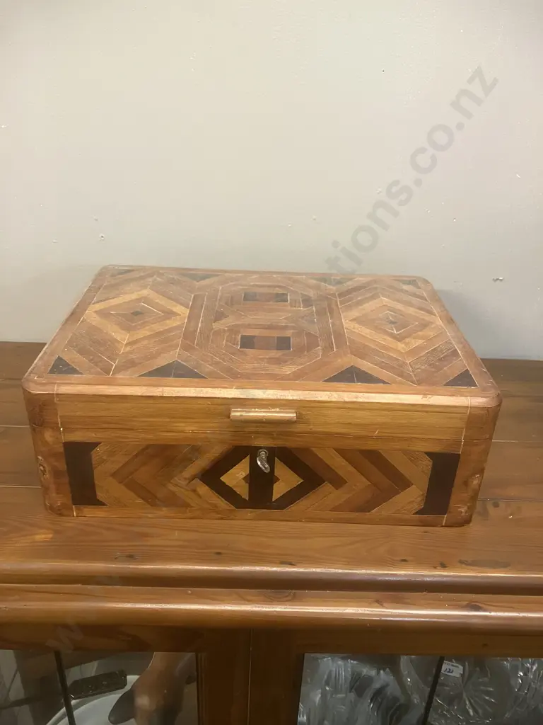Antique Geometric Marquetry Inlay Wooden Box, Plush Velvet Lined Interior, Lockable With Key. H13 W39 D28cm Image 1++