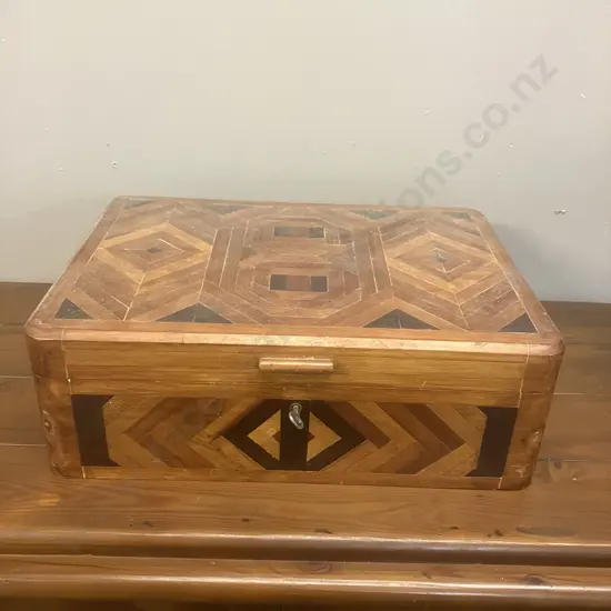 Antique Geometric Marquetry Inlay Wooden Box, Plush Velvet Lined Interior, Lockable With Key. H13 W39 D28cm