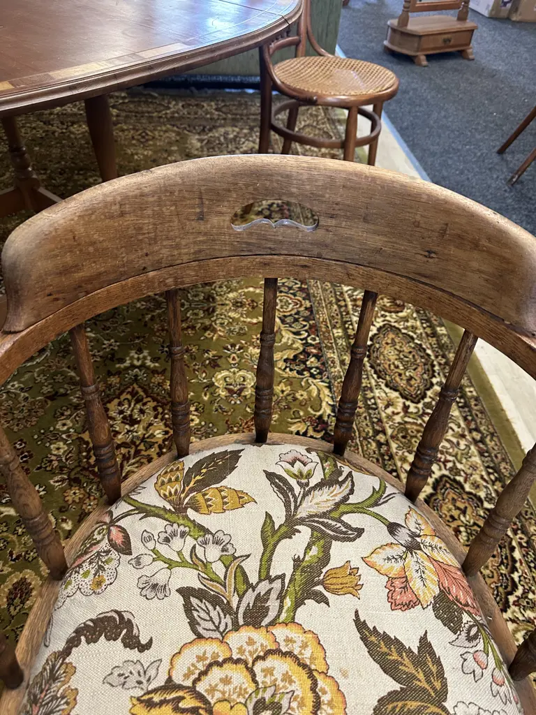 Antique Oak Spindle Back Tub Chair With Upholstered Seat Image 1++