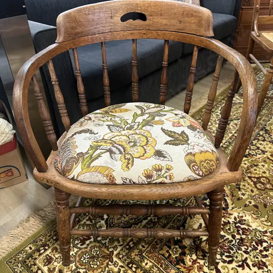 Antique Oak Spindle Back Tub Chair With Upholstered Seat